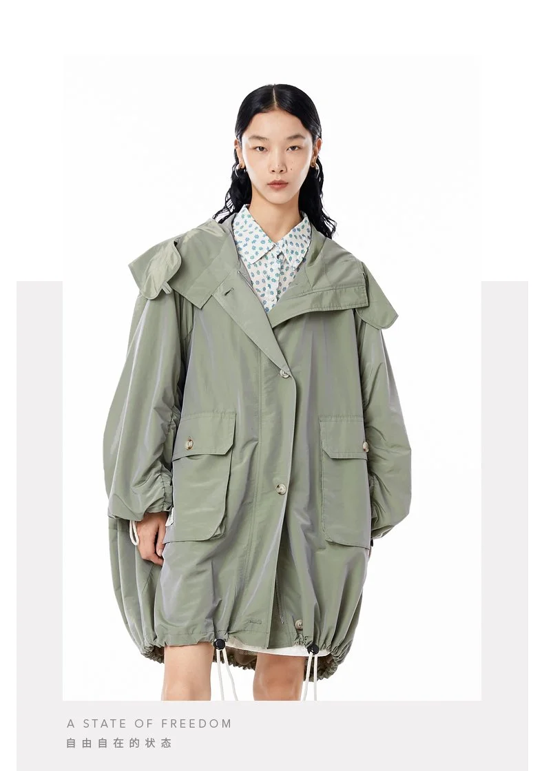 Sand Grass Green Hooded Shirring Long Hooded Jacket