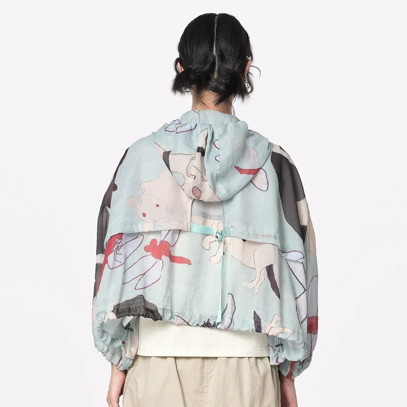 Hooded themed print design short jacket — AGoodFun