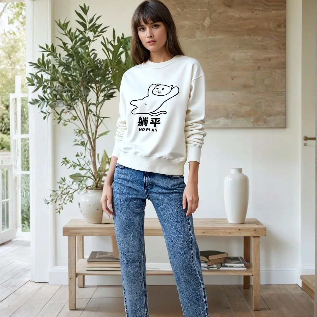 No Plan (躺平）Cat Sweatshirt
Master the Art of Doing Nothing!

Made for those who understand that sometimes the best move is no move at all. Our signature lazy cat design captures the essence of 躺平 (t&aacute;ng p&iacute;ng) &ndash; perfectly unbothered