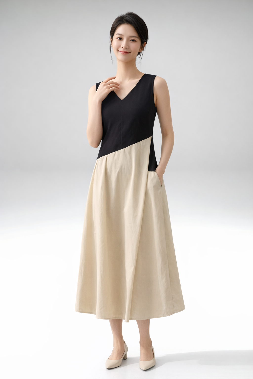 Colorblock V-Neck Midi Dress