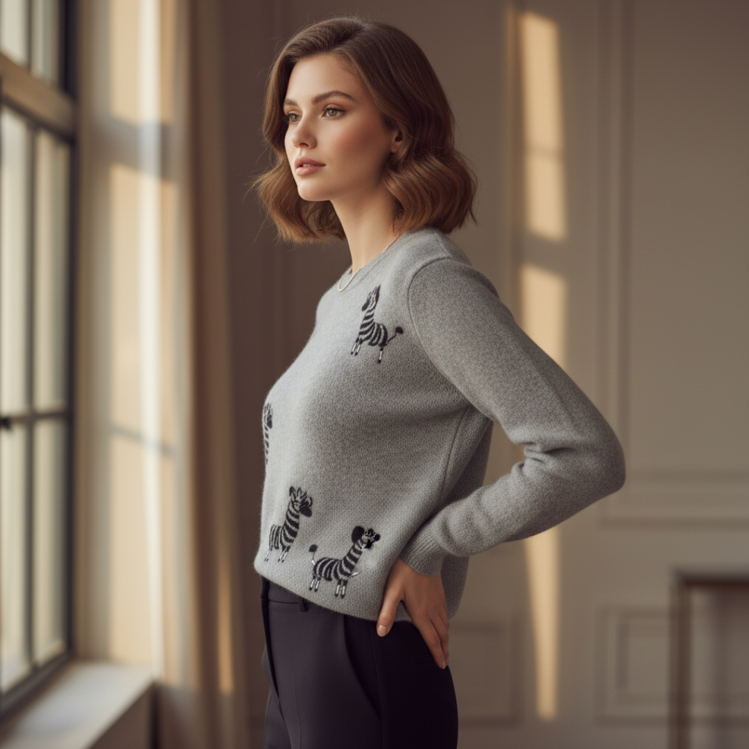 Whimsical Zebra Crewneck Cashmere Sweater