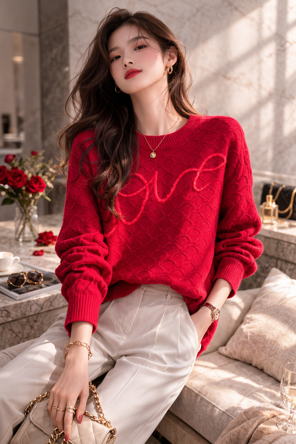 Love Script Embroidered Red Cable Knit Sweater