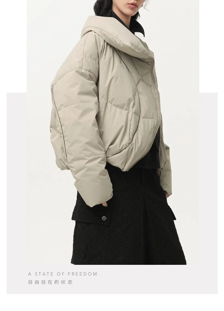 Asymmetrical Zip Funnel Neck Short Down Jacket — AGoodFun (fka 