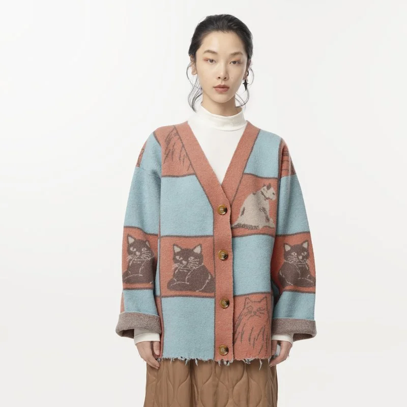 Checkered Cat Pattern Cardigan Sweater — AGoodFun