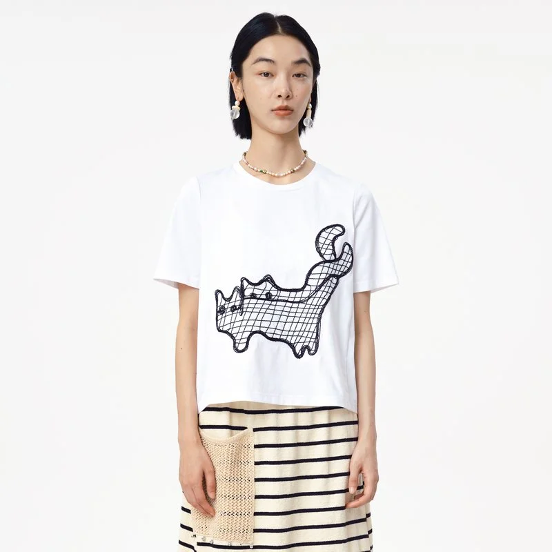 Crew Neck Regular-Shoulder Cropped T-Shirt with Cat