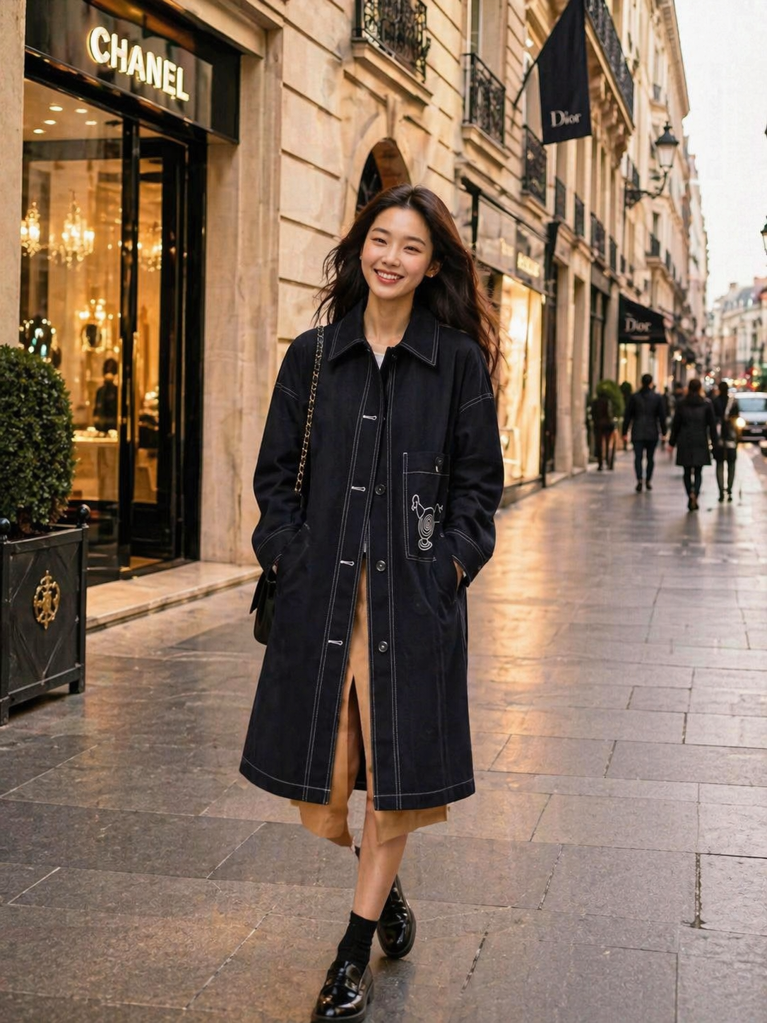 Designer mid-length coat with pure cotton and contrasting color design