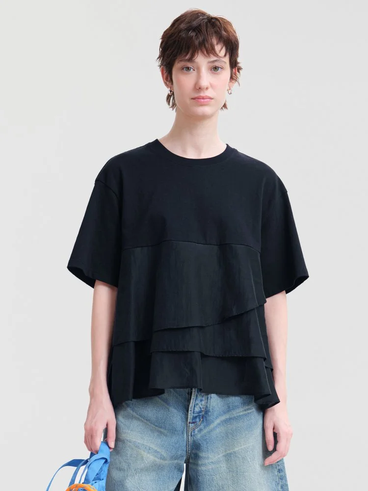 Crew Neck Cropped T-Shirt with Contrast Hem