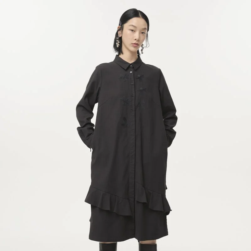 Swallow Birds Embroidered Twill Ruffle Trim Shirt Dress AGoodFun Swallow Birds Embroidered Twill Ruffle Trim Shirt Dress AGoodFun
