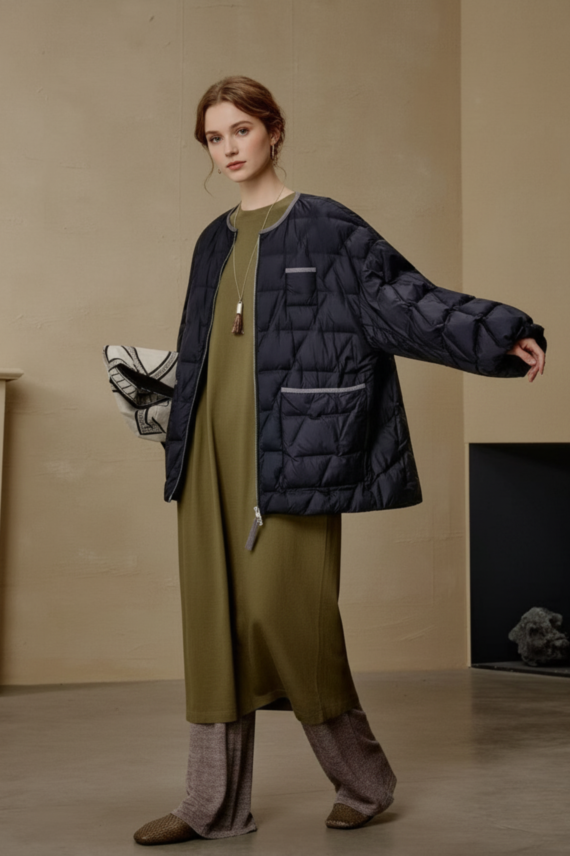 Quilted Oversized Down Jacket with Contrast Trim