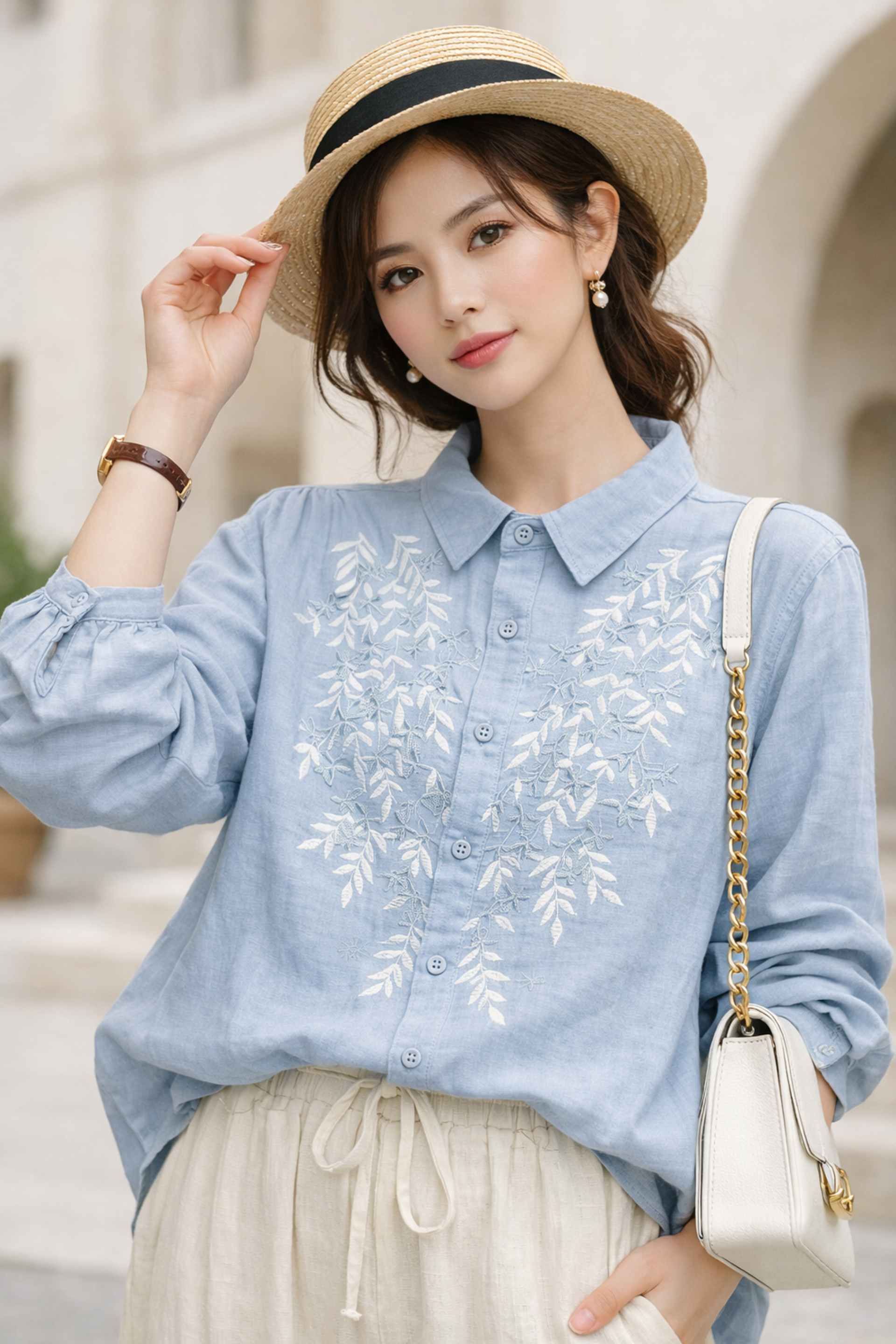 Botanical Breeze Embroidered Button-Up Shirt