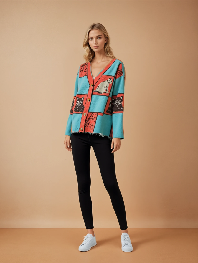 Checkered Cat Pattern Cardigan Sweater — AGoodFun