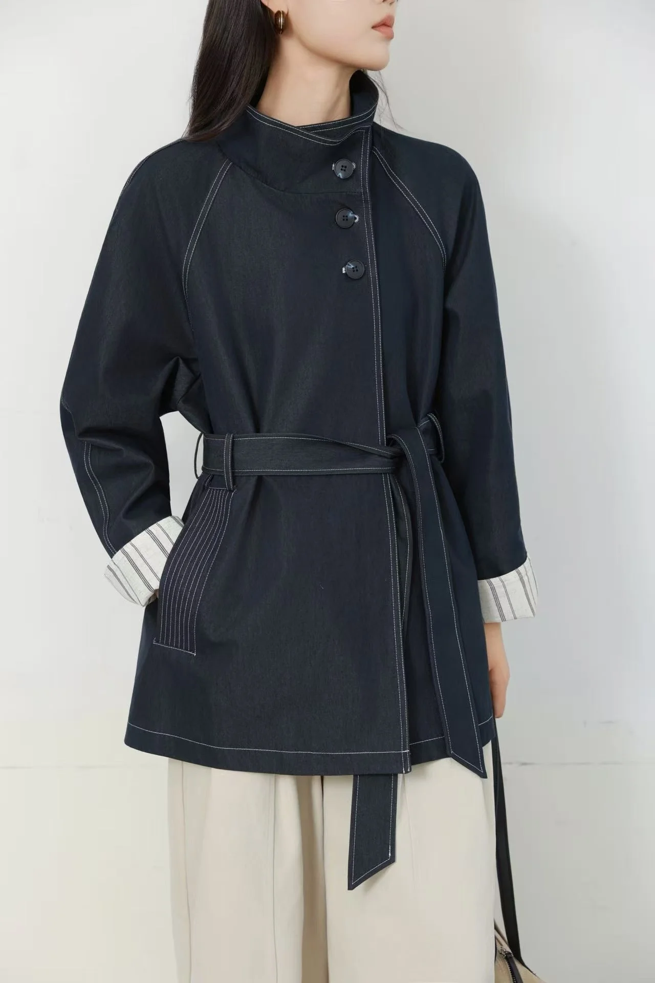 High-Collar Buttoned Coat with Waist Tie