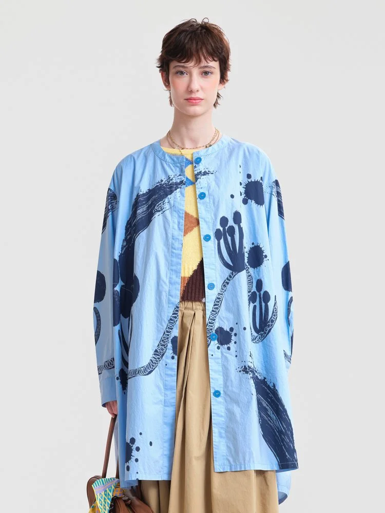 Cotton Printed Pocket Midi Shirt