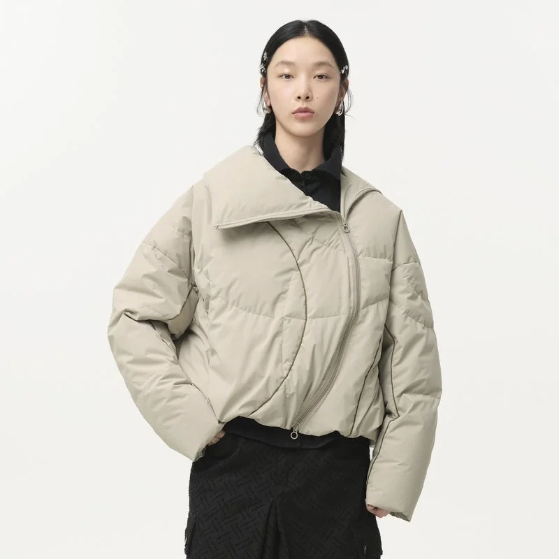 Asymmetrical Zip Funnel Neck Short Down Jacket — AGoodFun (fka 