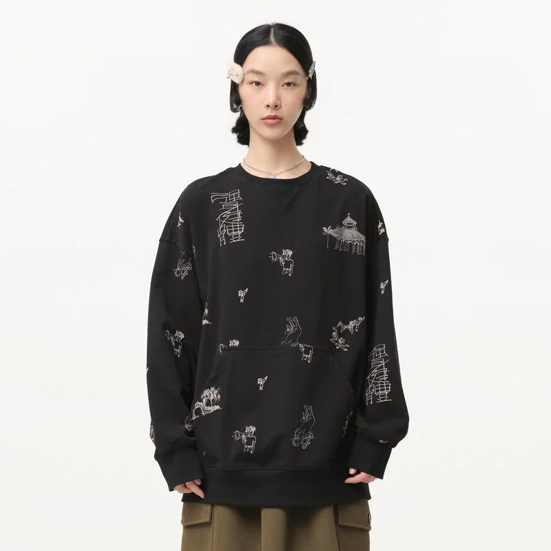 Mid-Length Sweatshirt with Pocket and Graffiti Print Design