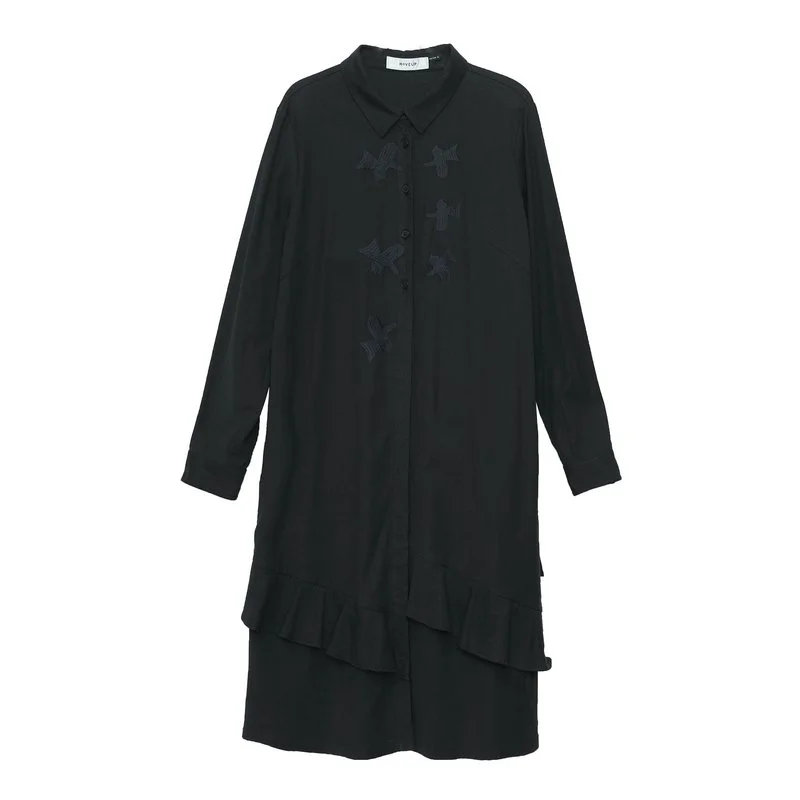 Swallow Birds Embroidered Twill Ruffle Trim Shirt Dress AGoodFun Swallow Birds Embroidered Twill Ruffle Trim Shirt Dress AGoodFun