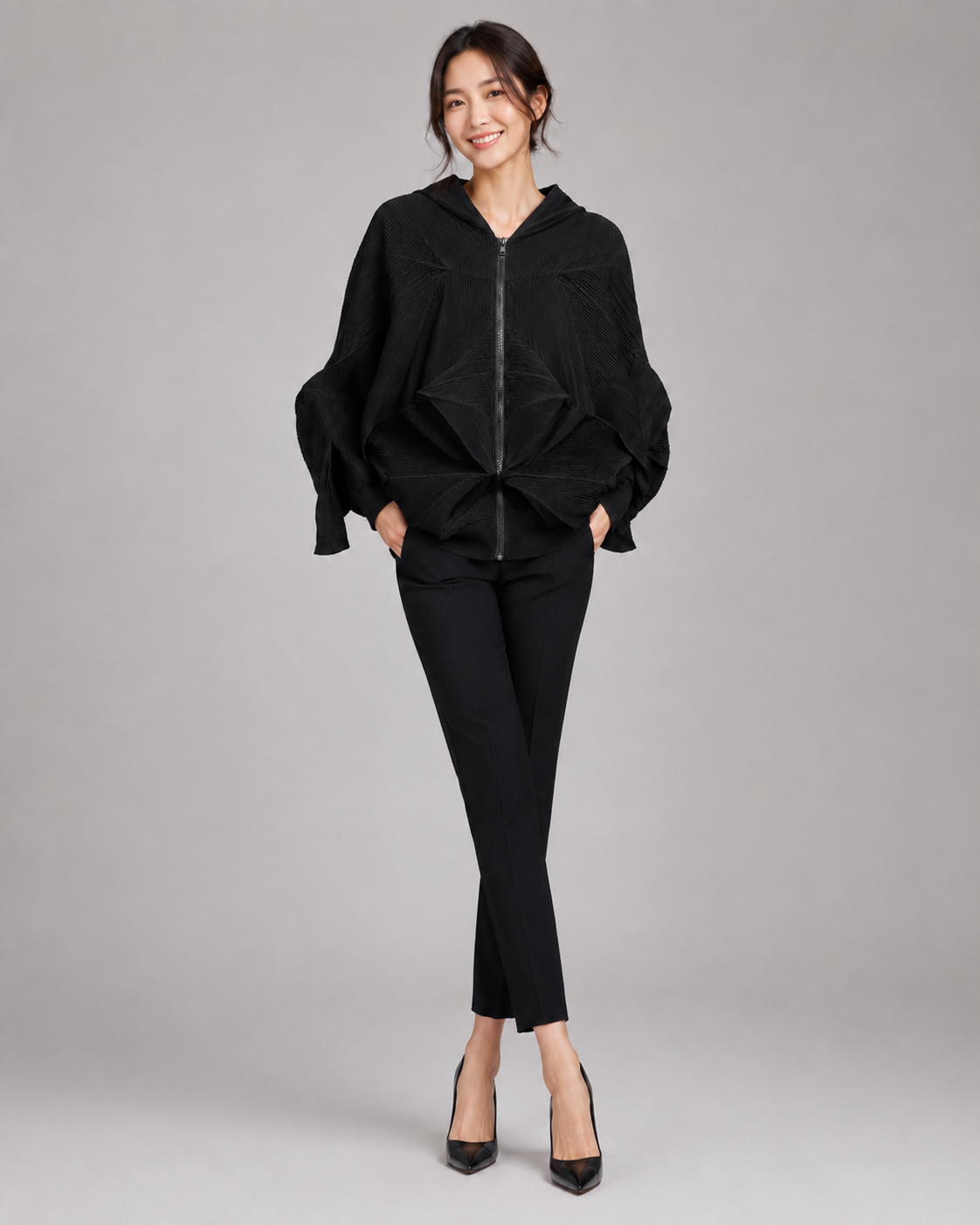 Pleated Sculptural Zip Hoodie