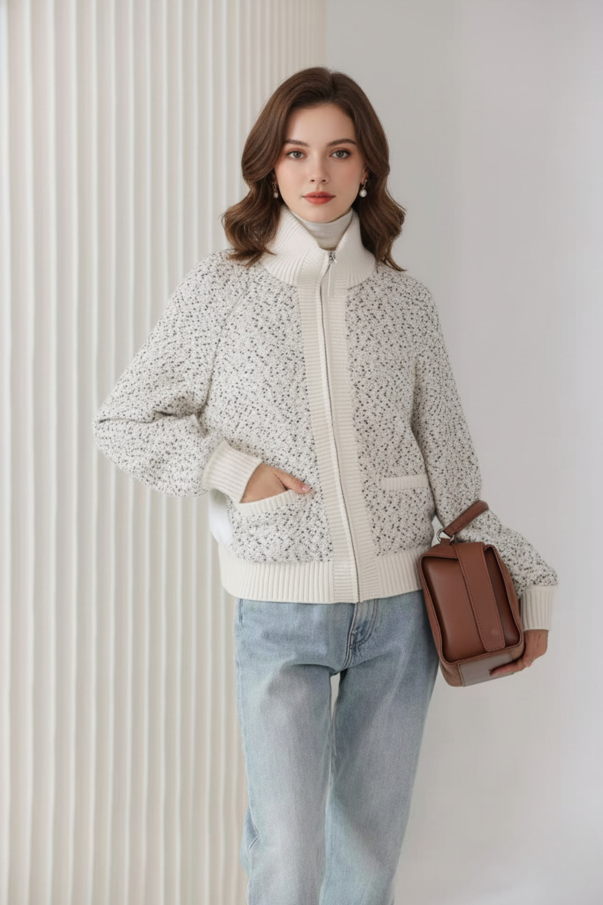 Textured Wool-Blend Zip Down Jacket