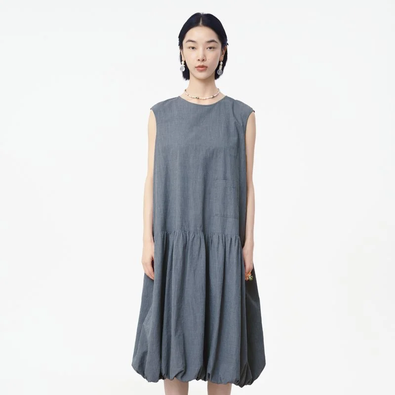 Round-neck gathered cocoon-shaped woven dress — AGoodFun