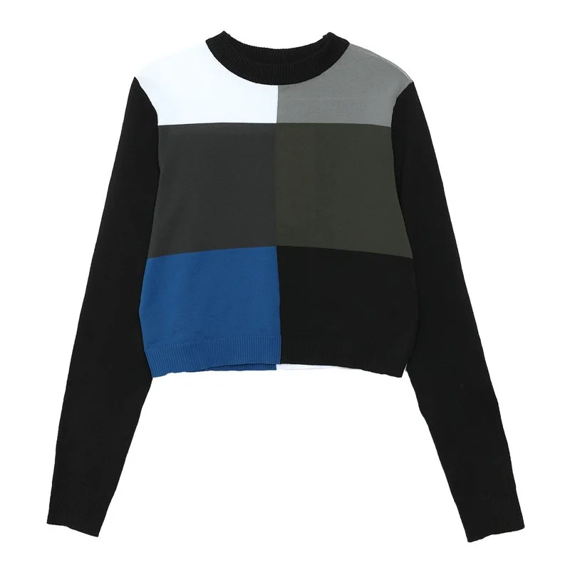 Fun Round Neck Color-Block Short Sweater