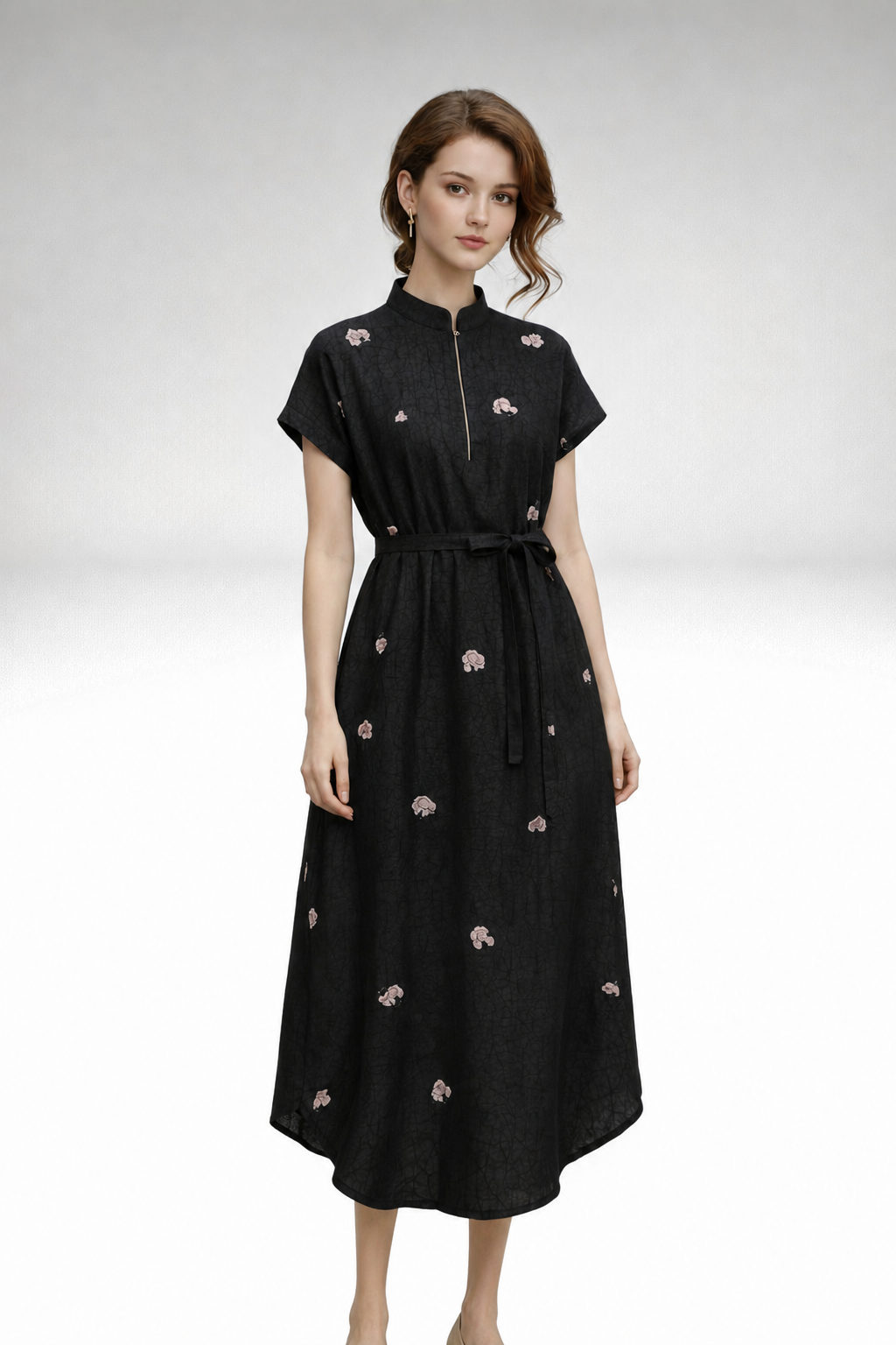Embroidered Belted Midi Dress