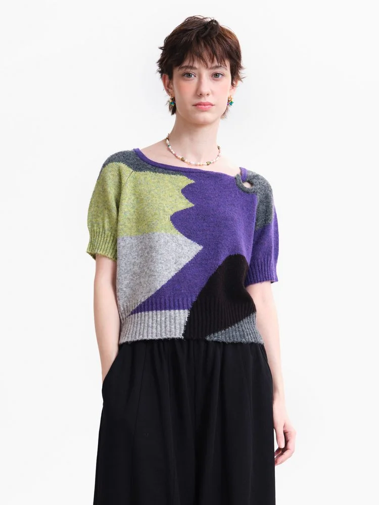 Square-Neck Knotted Sleeve Cropped Knit Top