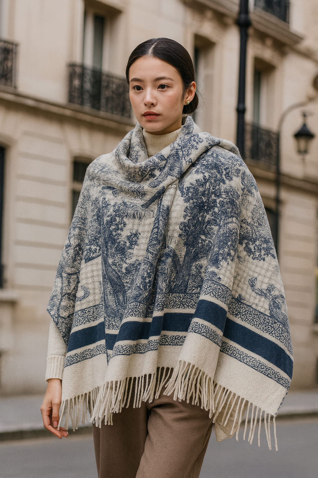 Toile-Print Large Square Scarf with Fringe