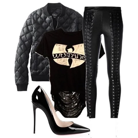 Pair our Wu Tang shredded back tee with a bomber jacket, lace up skinnies, and pumps for a super cute day to night look.