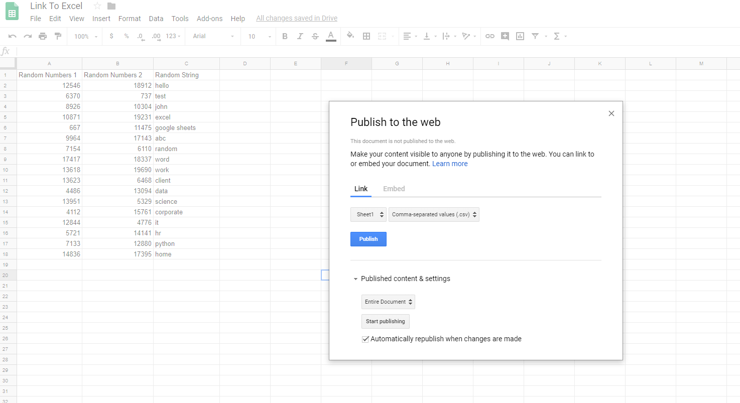 Sync Excel to Google Sheets: Publish Button