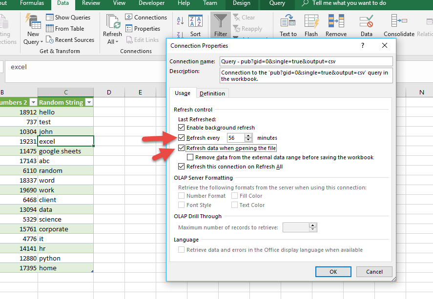 Sync Excel to Google Sheets: Connection Properties