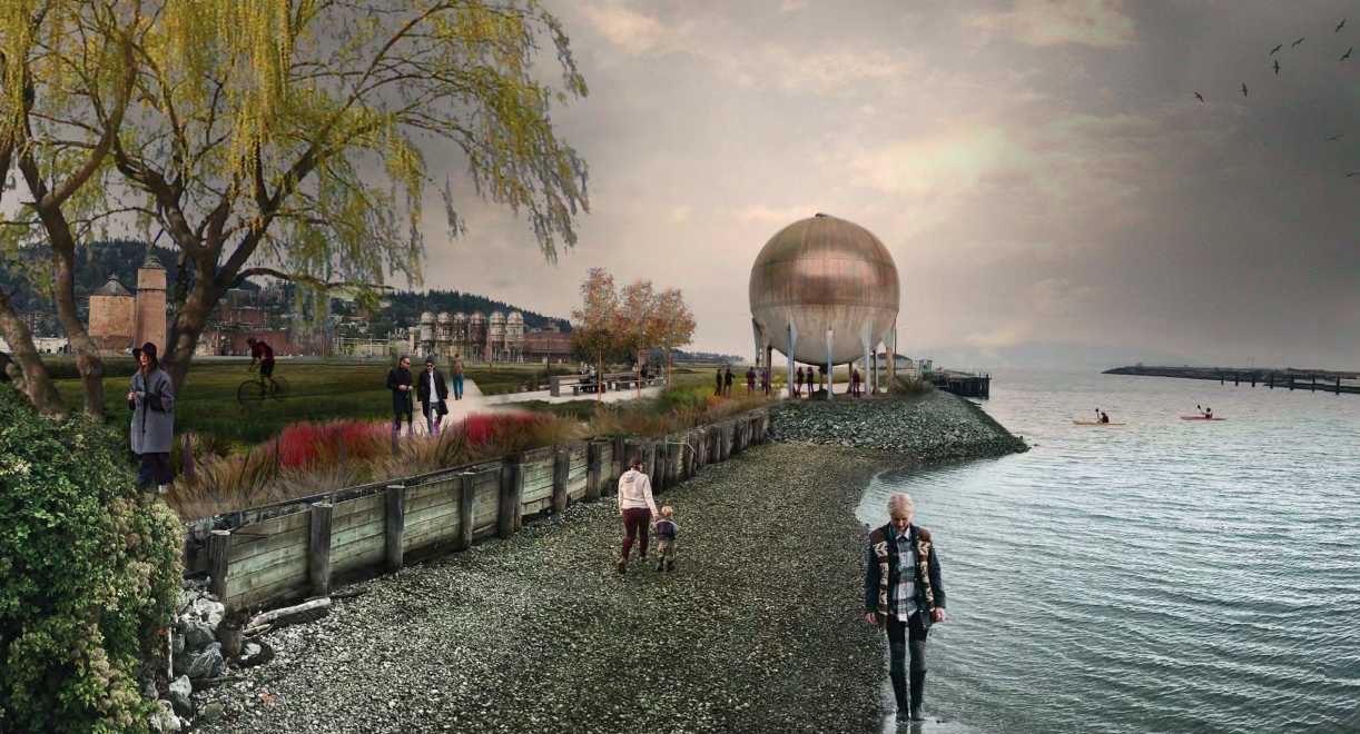Rendering of the "Acid Ball" and the soon-to-open Whatcom Waterway park on the Bellingham waterfront. (Photo credit: Mutuus Studios)