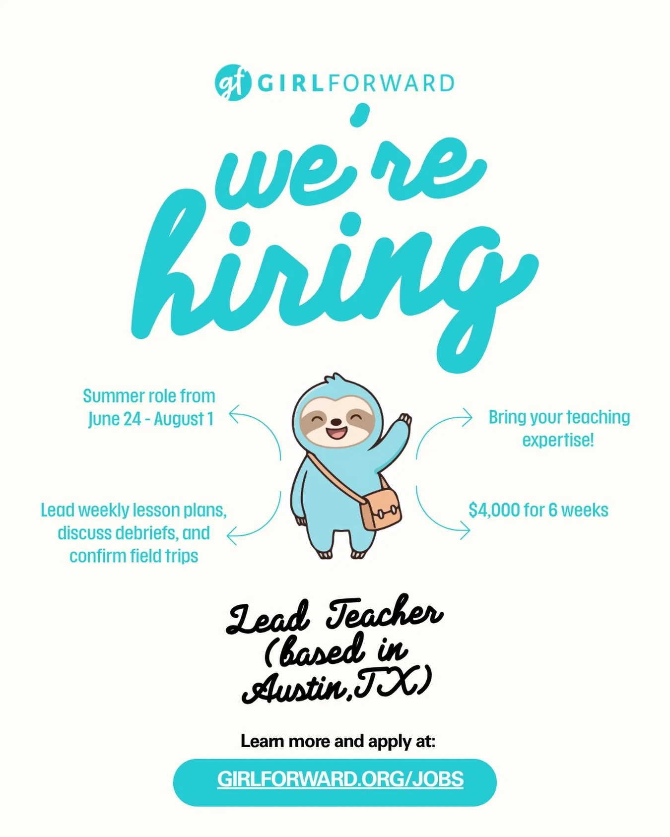 Join our summer camp team as our lead teacher in Austin, TX ✨We&rsquo;re looking for someone to join June 24 through August 1 to lead the weekly lesson plans, discuss debriefs, and confirm field trips 🚗 Ready to join? Learn more and apply at girlfor