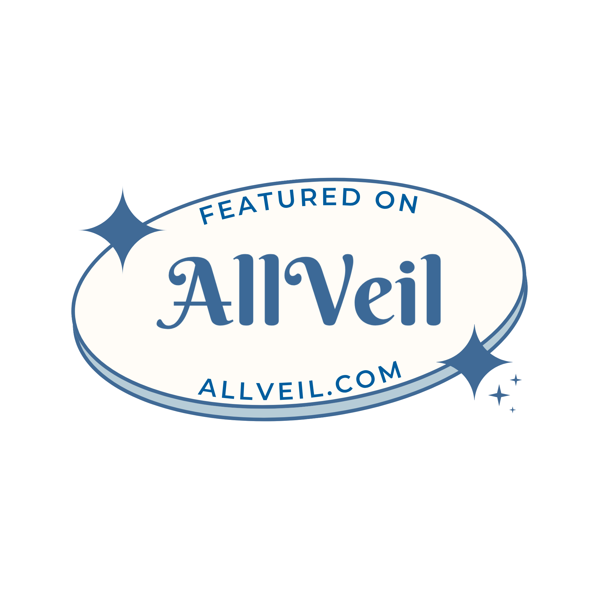 A white oval with blue border and multiple sized sparkles. In blue lettering, Featured on AllVeil, allveil.com.