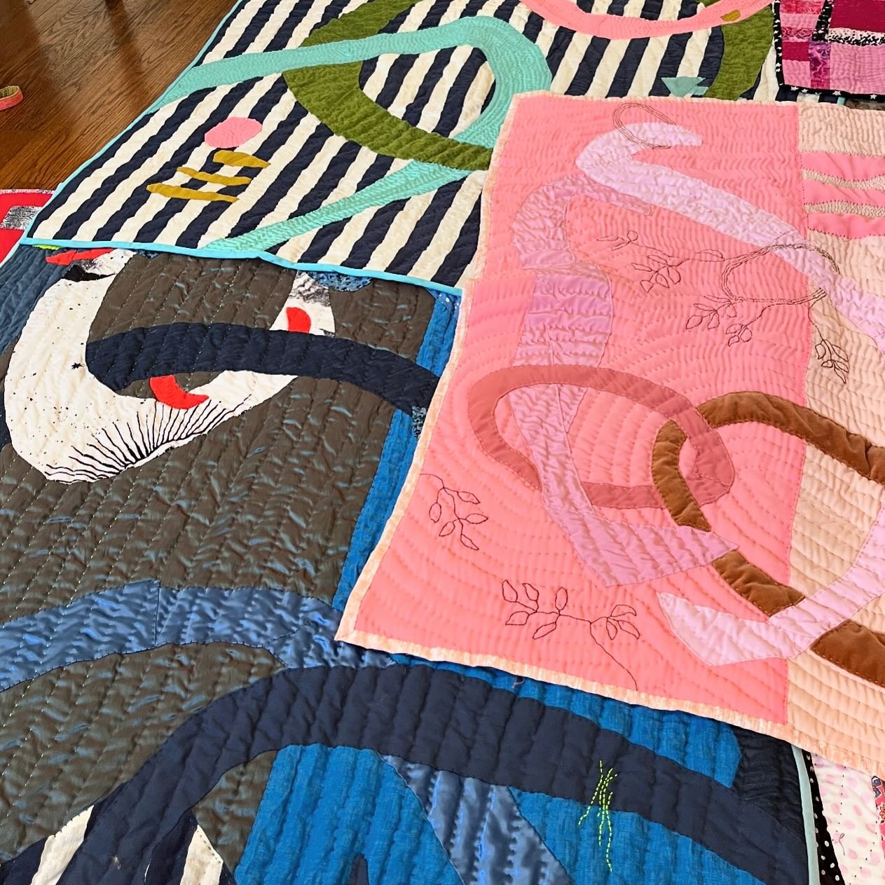 I&rsquo;m in the process of attaching sleeves to some of the newer quilts I&rsquo;m showing along with the work of @fern_royce and other artists at the @hiddenvilla sheep shearing and fiber fest on April 27. Here&rsquo;s a partial view of the first t