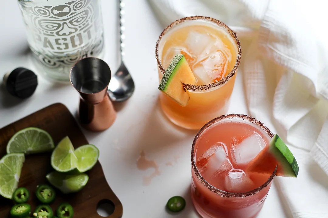 Salty Ancho-Chile Watermelon + Cantaloupe Margarita Recipe via Worthy Pause