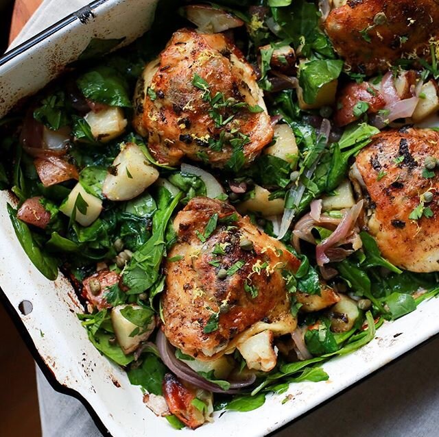 Welcome to another installment of crispy chicken thighs&mdash;this version inspired by anchovy lobbyist @alisoneroman. New recipe: Anchovy-Lemon Crispy Chicken Thighs with Roasted Potatoes + Spinach. Link in profile, as always. #bareaders #nothingfan