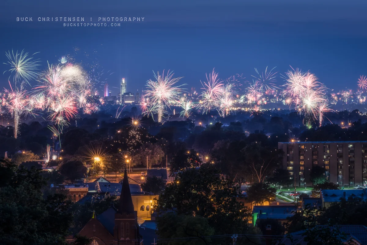 Fireworks over Council Bluffs, Iowa, and Omaha, Nebraska on the Fourth of July (Independence Day).