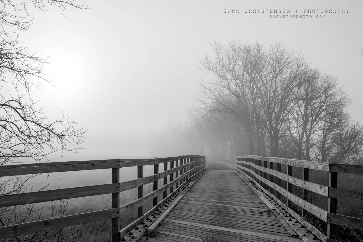Bridge along Wabash Trace Nature Trail in the fog, Mineola, Iowa.