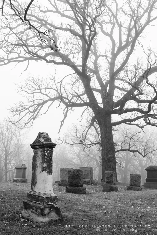 Headstones in the fog, Fairview Cemetery, Council Bluffs, Iowa.