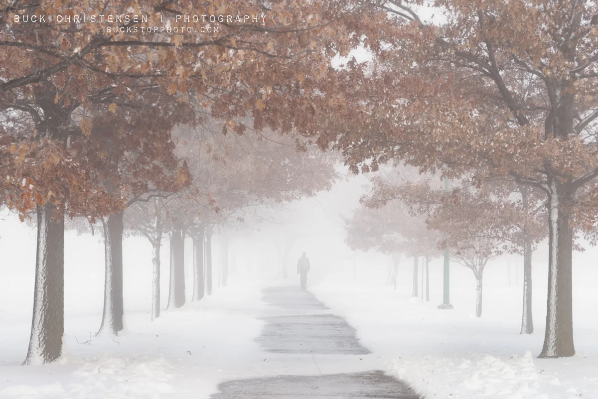 Walk path in the fog at Iowa School for the Deaf (ISD), Council Bluffs, Iowa.