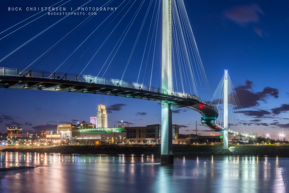 bob kerrey pedestrian bridge after sunset, omaha, nebraska