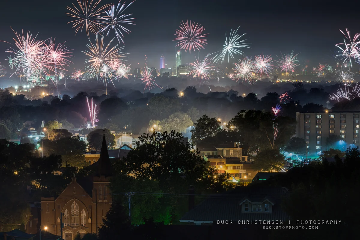 Fireworks over Council Bluffs, Iowa, and Omaha, Nebraska on July 4th (Independence Day).