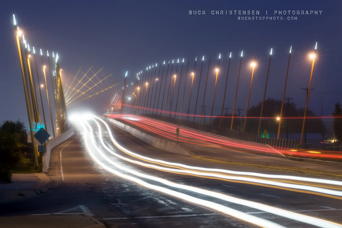 Broadway Viaduct and light trails in the fog, Council Bluffs, Iowa.