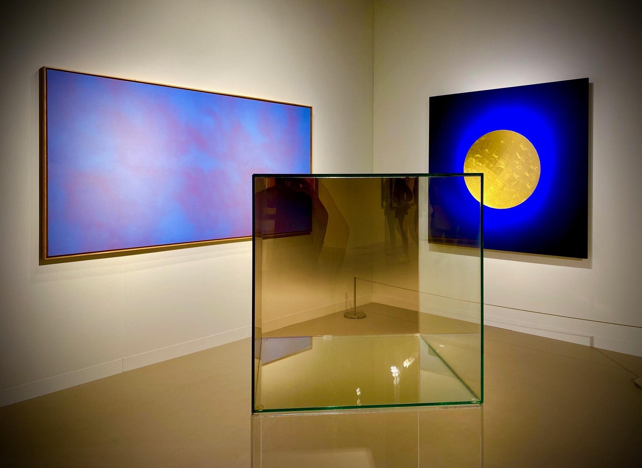 Sky Painting I, 1972, Joe Goode | Auric Field_Diamond Crystal Heart, 2019, Lita Albuquerque | Cube 17, 2008, Larry Bell.jpg