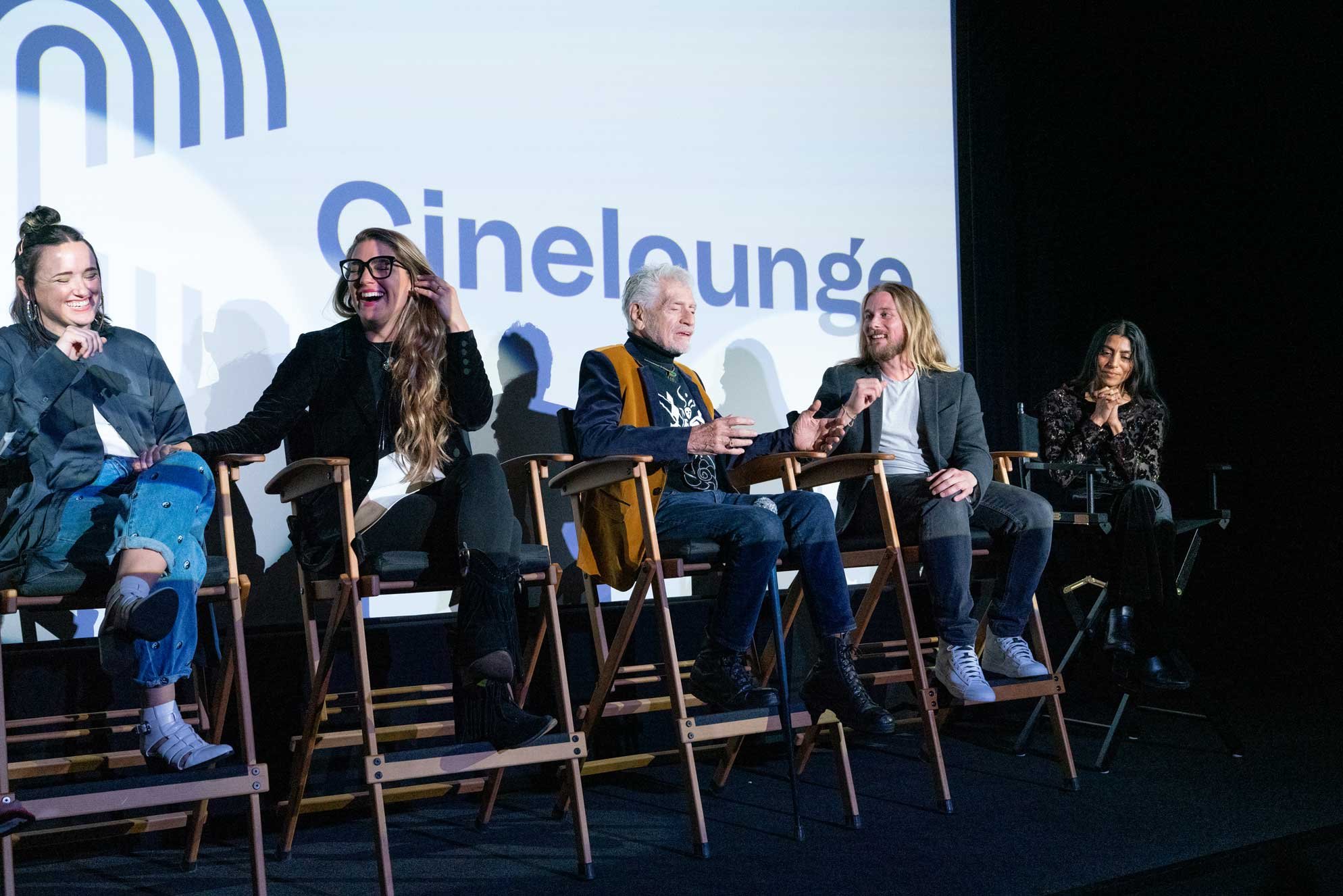 The cast and crew of "Moon Manor" at a post-screening Q&amp;A. From left to right: Writer/Directors Machete Bang Bang &amp; Erin Granat, actors Jimmy Carrozo, Lou Taylor Pucci, Reshma Gajjar. February 26th, 2022 - Cinelounge Cinemas Hollywood, Los A