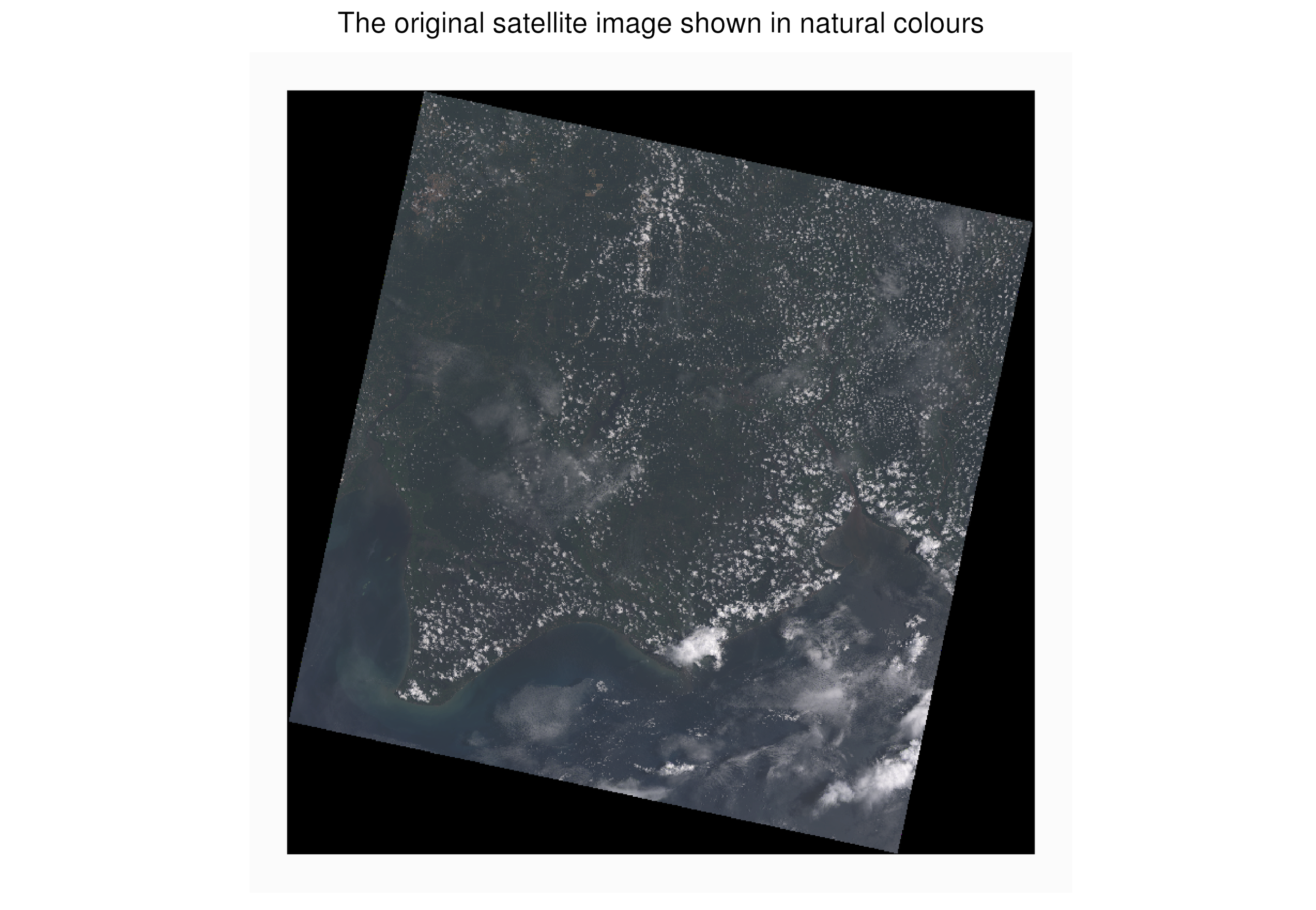 This is the original image downloaded from Earth Explorer. The clouds on the image make classification of the ground more difficult.