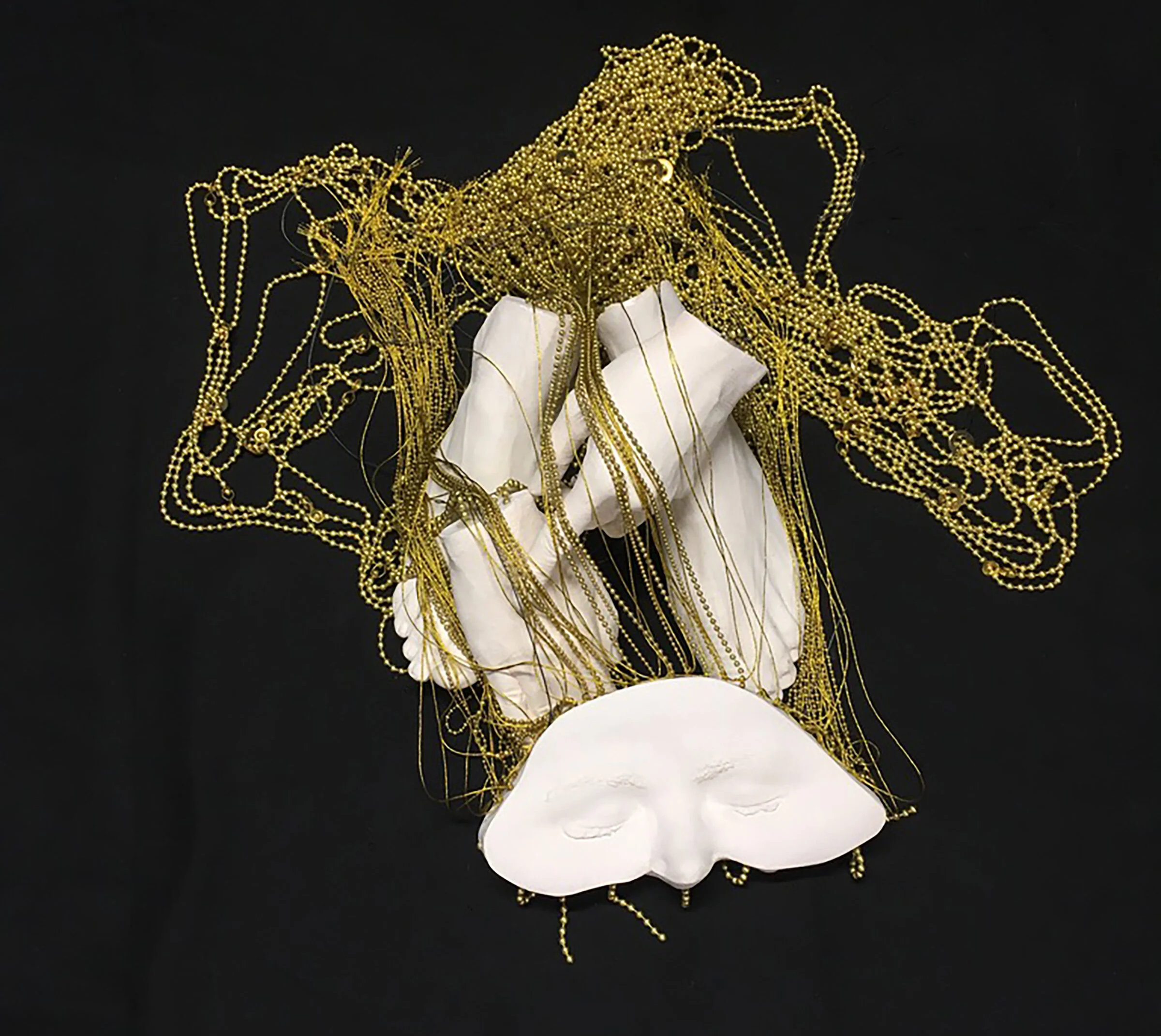 FLAYED BODY FLOAT, PLASTER, BRASS, THREAD, 68x48x52” (variable) 2020