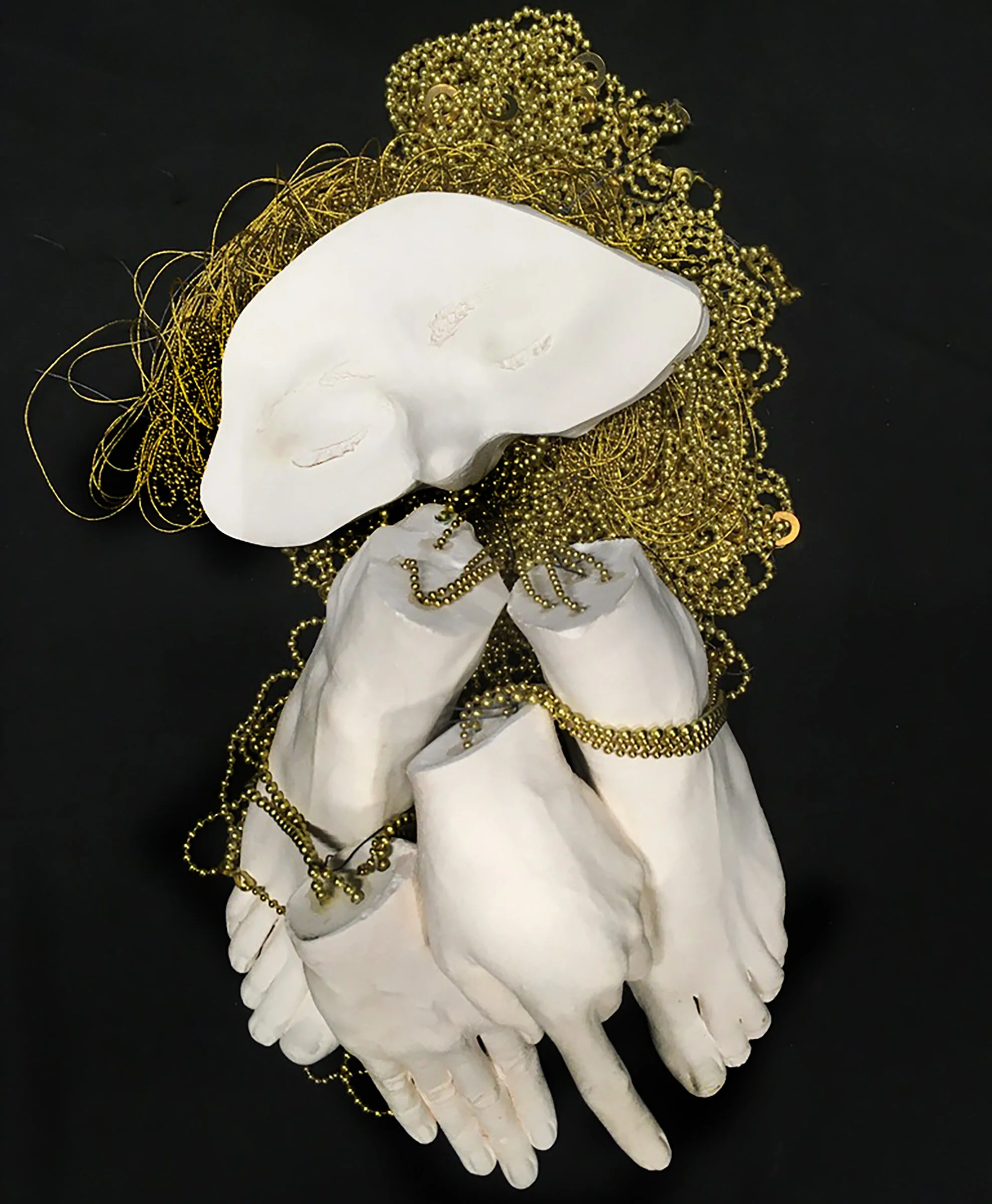FLAYED BODY FLOAT, PLASTER, BRASS, THREAD, 68x48x52” (variable) 2020