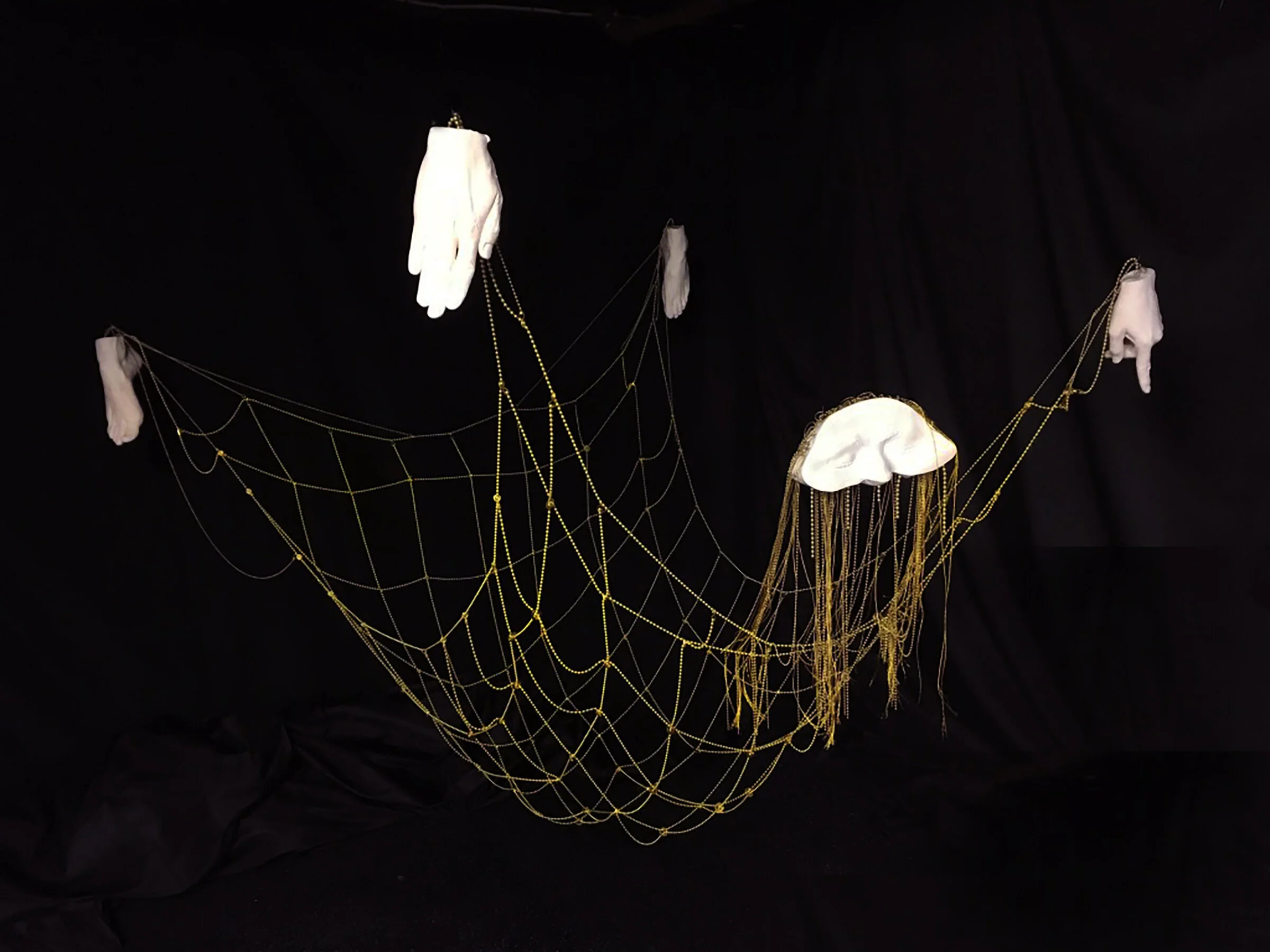 FLAYED BODY FLOAT, PLASTER, BRASS, THREAD, 68x48x52” (variable) 2020