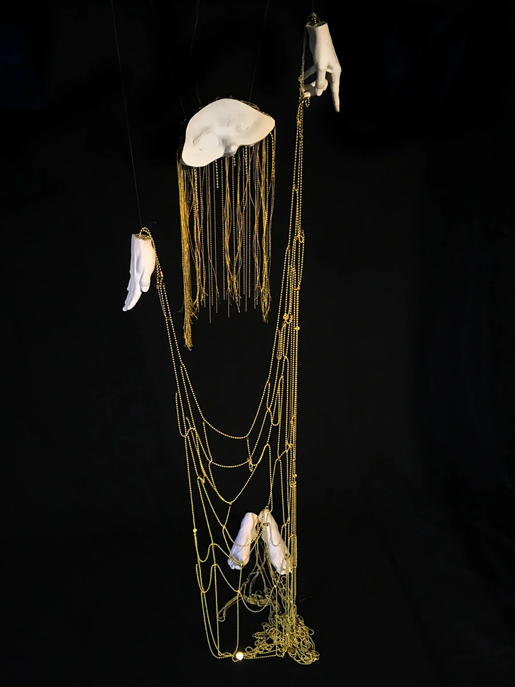 FLAYED BODY FLOAT, PLASTER, BRASS, THREAD, 68x48x52” (variable) 2020